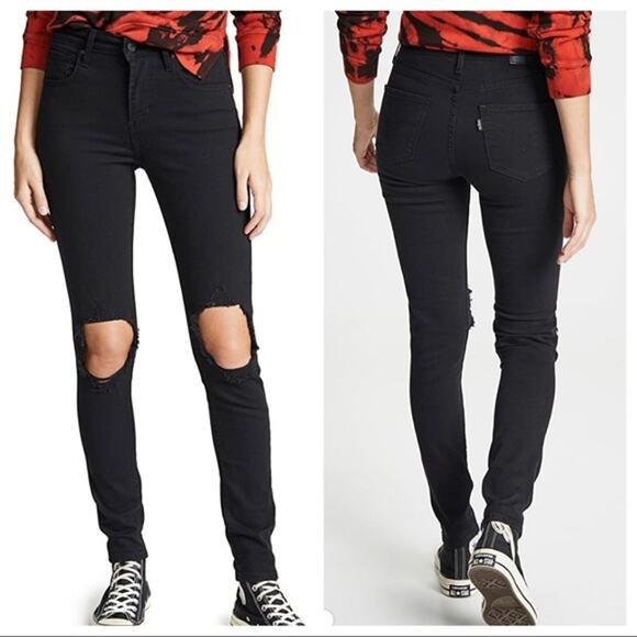 Levi's Black 721 High Rise Skinny Busted Knees Jeans Waterless Sz 24 - Picture 1 of 8